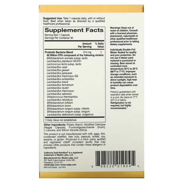 California Gold Nutrition LactoBif Probiotics 65 Billion CFU 30 рослинних капсул CGN-01904 фото
