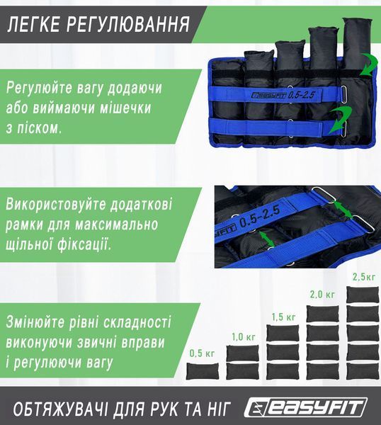 Обтяжувачі для ніг та рук EasyFit набірні чорно-сині 0,5-2,5 кг (пара) EF-WHT-0,5-2,5-BL фото