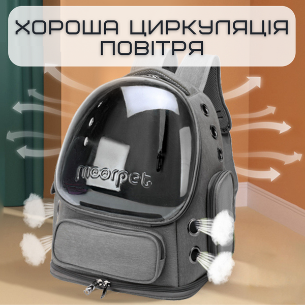 Прозорий Рюкзак Переноска Для Котів 42*34*27 см Сумка з Ілюмінатором Для Перевезення Тварин до 7 кг MoorPet Сіра ZM-GREY01 фото