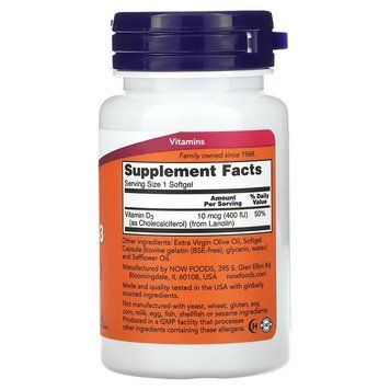 NOW Vitamin D-3 400 IU 180 капсул NOW FOODS купити в Україні