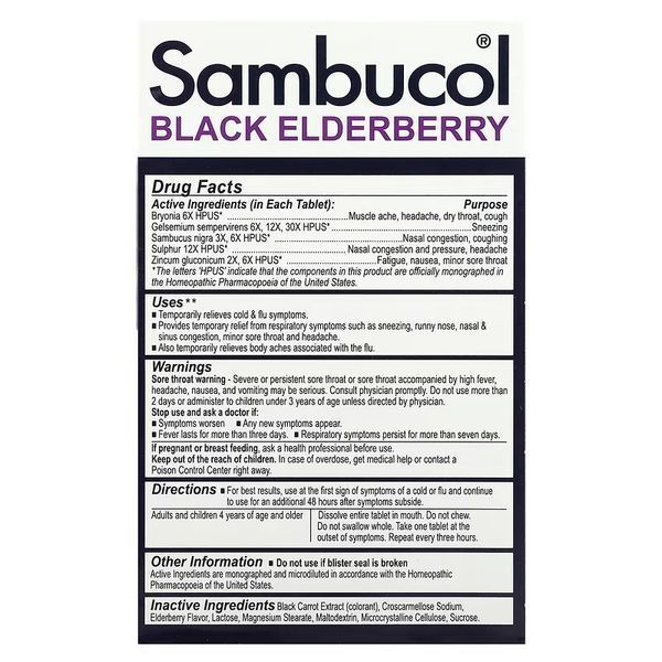 Sambucol Black Elderberry Cold & Flu Relief 30 таблеток фото