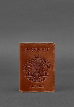 Шкіряна обкладинка для паспорта з українським гербом світло-коричнева BN-OP-UA-k-kr фото
