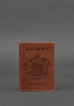 Шкіряна обкладинка для паспорта з українським гербом світло-коричнева BN-OP-UA-k-kr фото