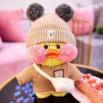 Утка Лалафанфан в Очках Большая Жёлтая Cafe Mimi в Коричневой Шапке с Сумочкой 30 см Cafe Mimi Y306 фото