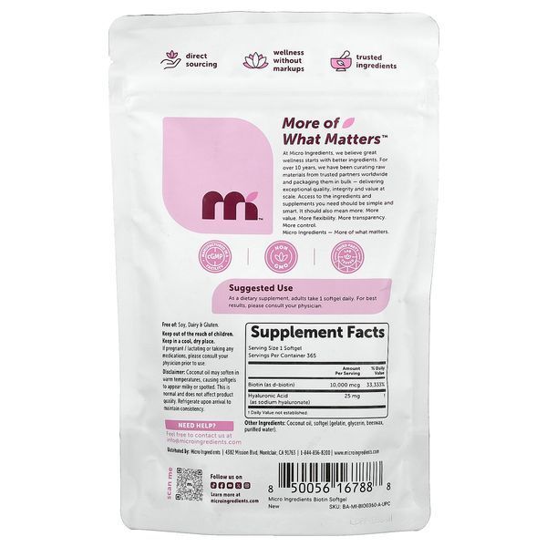 Micro Ingredients Biotin with Hyaluronic Acid 365 рідких капсул - Micro Ingredients