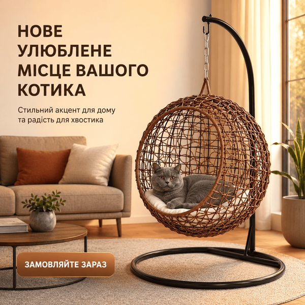 Підвісне Крісло Кокон з Ротанга Для Тварин Лежанка Качалка Вулична Для Котів та Маленьких Собак з Подушкою 50 см 287838 фото