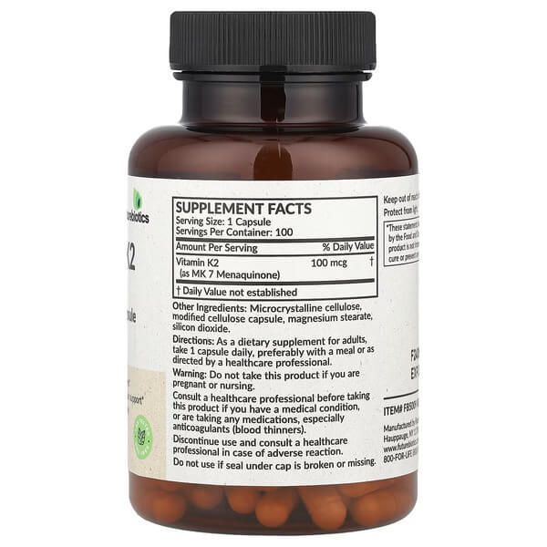 Futurebiotics Vitamin K2 as MK-7 100 mcg 100 рослинних капсул FBS-50090 фото