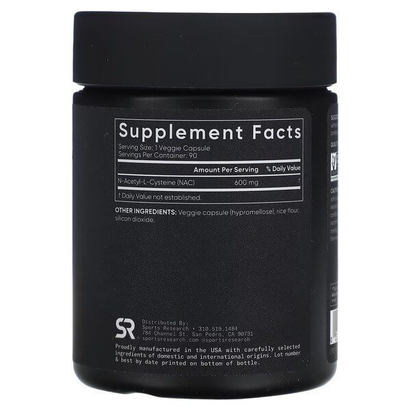 Sports Research NAC (N-Acetyl-Cysteine) 600 mg 90 вегетаріанських капсул SRE-09156 фото