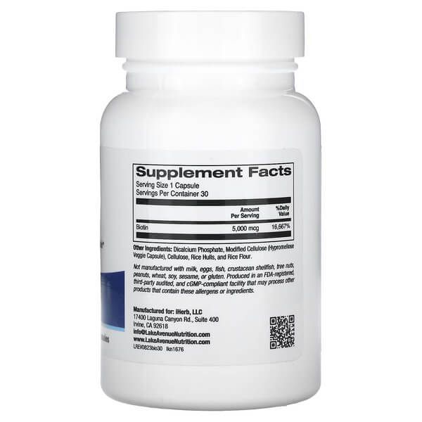 Lake Avenue Nutrition Biotin 5,000 mcg 30 вегетаріанських капсул LKN-01676 фото