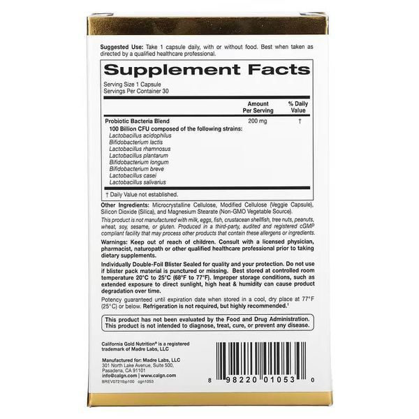 California Gold Nutrition LactoBif Probiotics 100 Billion CFU 30 Капсул CGN-01053 фото