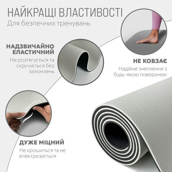 Килимок для йоги та фітнеса EasyFit TPE+TC 6мм двошаровий + Чохол сірий з чорним фото