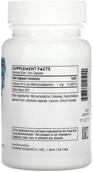 Thorne Vitamin B12 (as Methylcobalamin) 1000 mcg 60 капсул фото